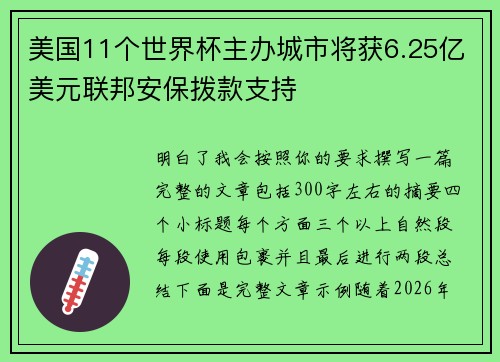 美国11个世界杯主办城市将获6.25亿美元联邦安保拨款支持 美国11个世界杯主办城市将获6.25亿美元联邦安保拨款支持