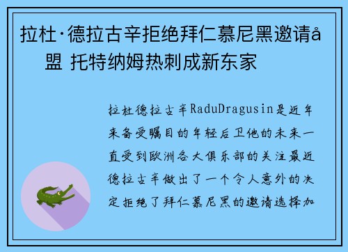拉杜·德拉古辛拒绝拜仁慕尼黑邀请加盟 托特纳姆热刺成新东家 拉杜·德拉古辛拒绝拜仁慕尼黑邀请加盟 托特纳姆热刺成新东家