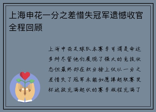 上海申花一分之差惜失冠军遗憾收官全程回顾